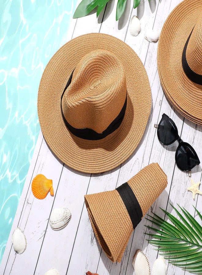 SEEWEY 6 Pcs Panama Straw Hats for Men and Women Foldable Wide Brim Bride Hats Summer Sun Protection for UV Protection(Light Coffee) - Image 4